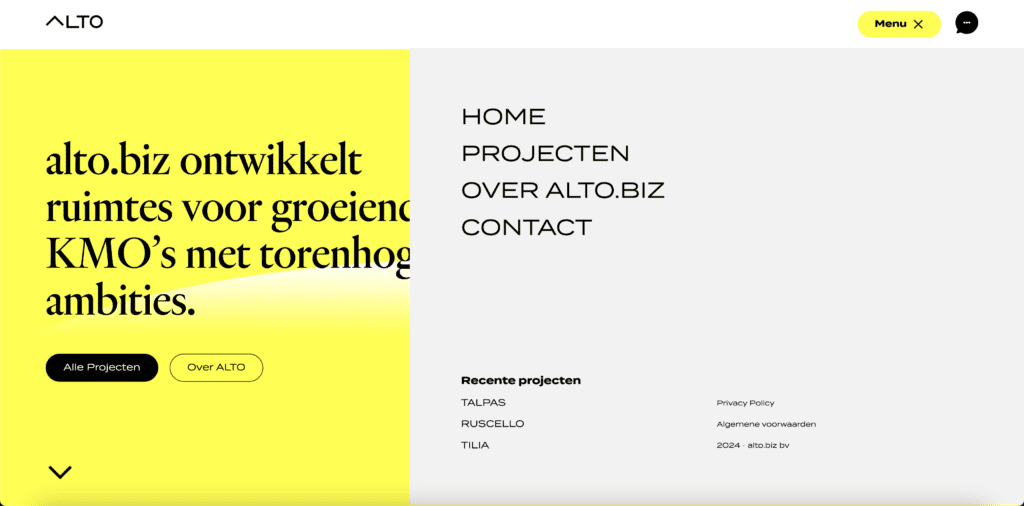 Menu van custom website van Alto