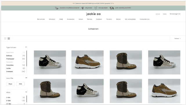 Productenpagina van custom webshop voor jackie oo