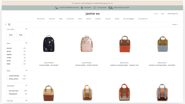 Productenpagina van custom webshop voor jackie oo