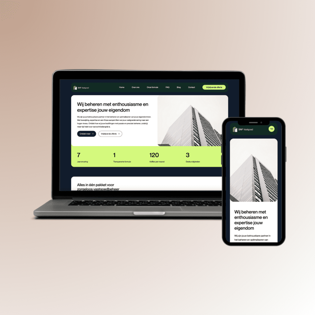 Mockups homepagina van custom website voor SNF Vastgoed