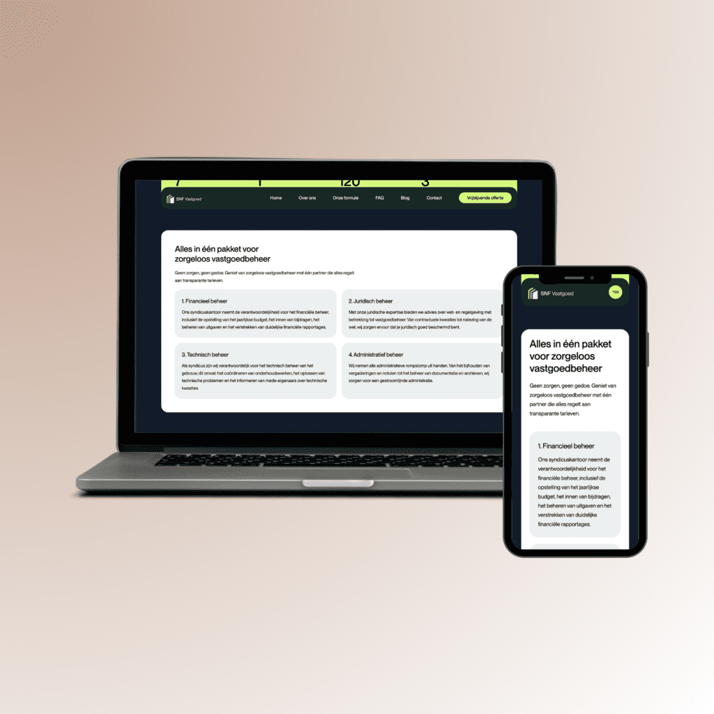 Mockups diensten van custom website voor SNF Vastgoed